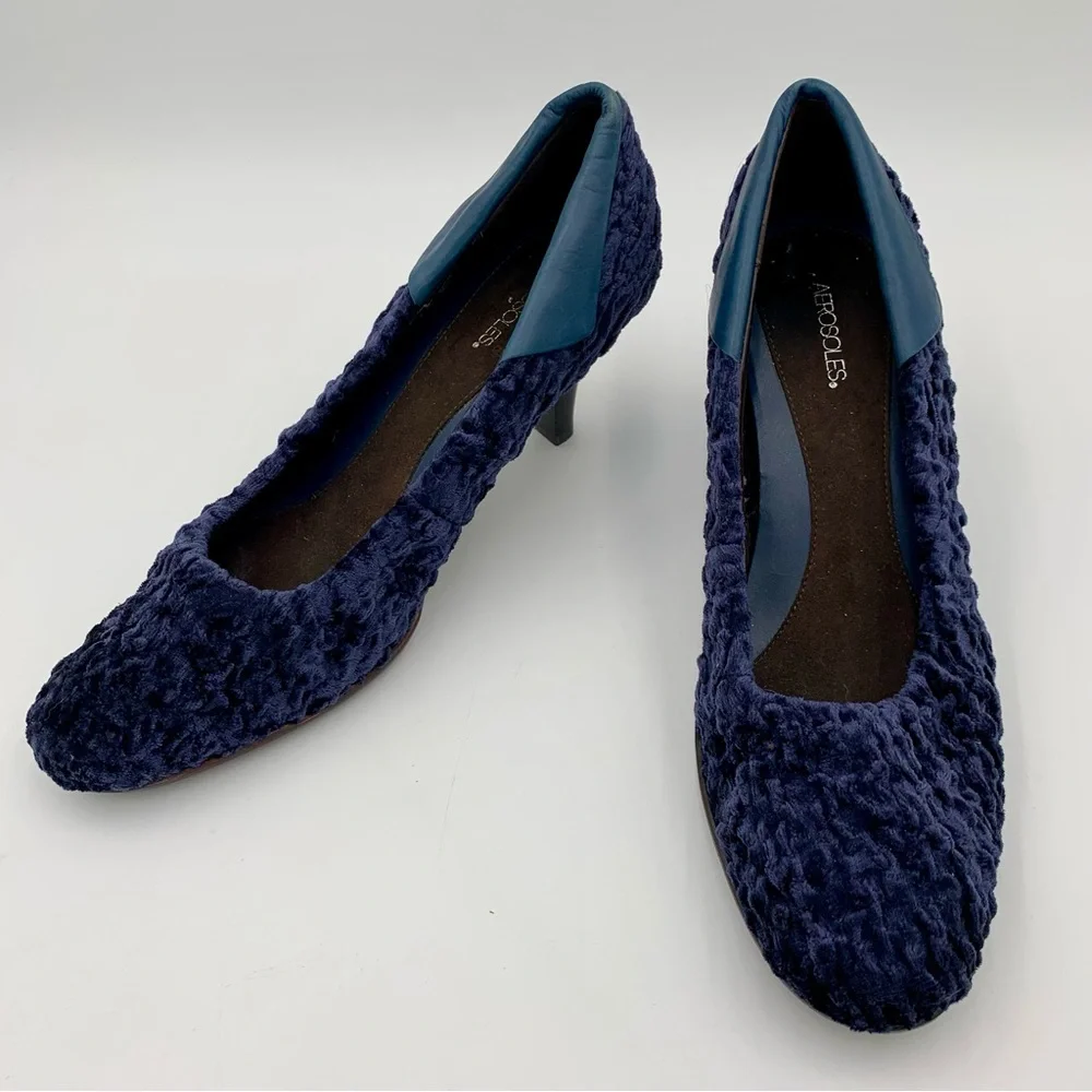 Aerosoles Crushed Velvet Heels Pumps Navy Blue Sz 8 “Lust Worthy”‎ Dress Shoes